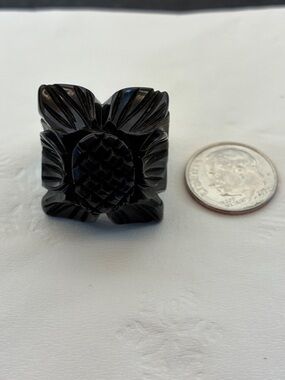 Vintage Carved Black Bakelite Floral Square Ring